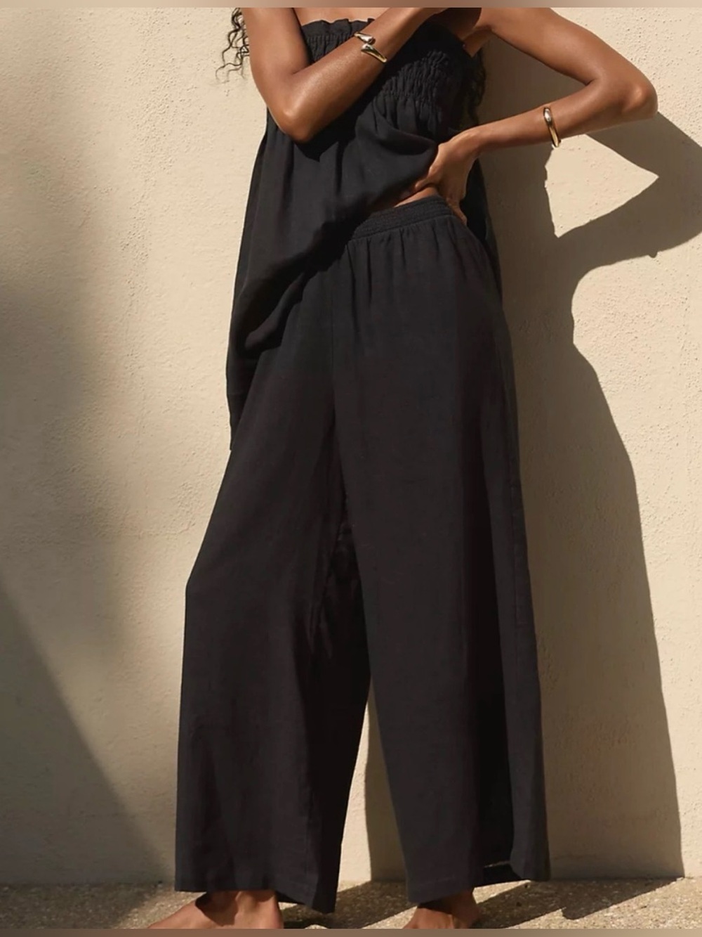 Anthropologie 100% Linen Black Wide-Leg Elastic-Waist Pants